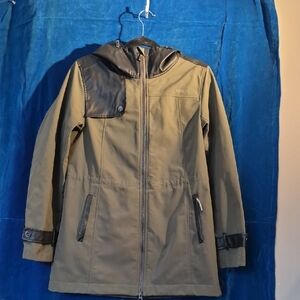 Olive Green Hooded Trench Jacket with Dark Brown Accents